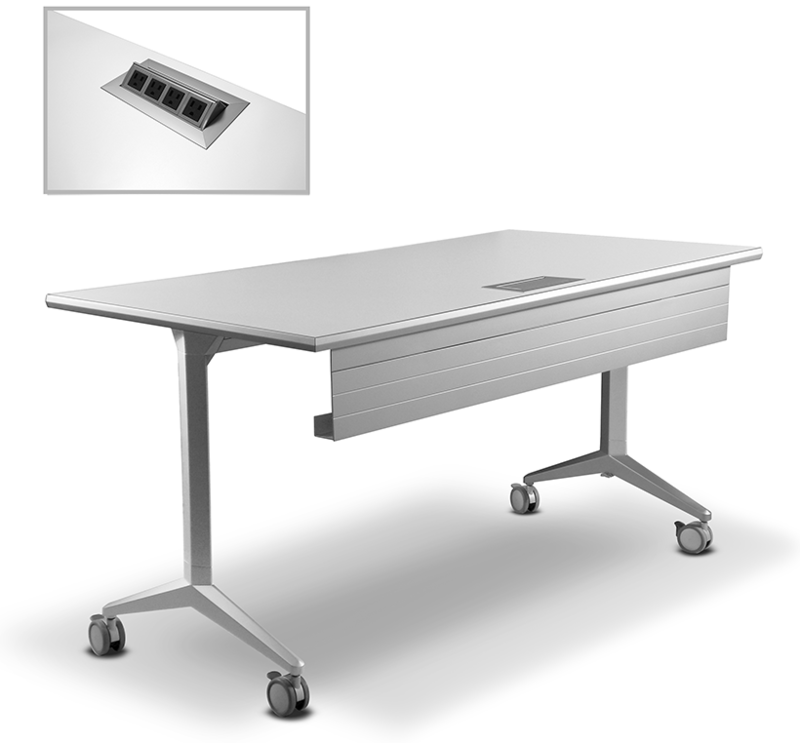 Bretford Manufacturing, Inc.: RHOMBII® Training Table Rear three quarters view showing the modesty panel lowered and tabletop power outlets exposed