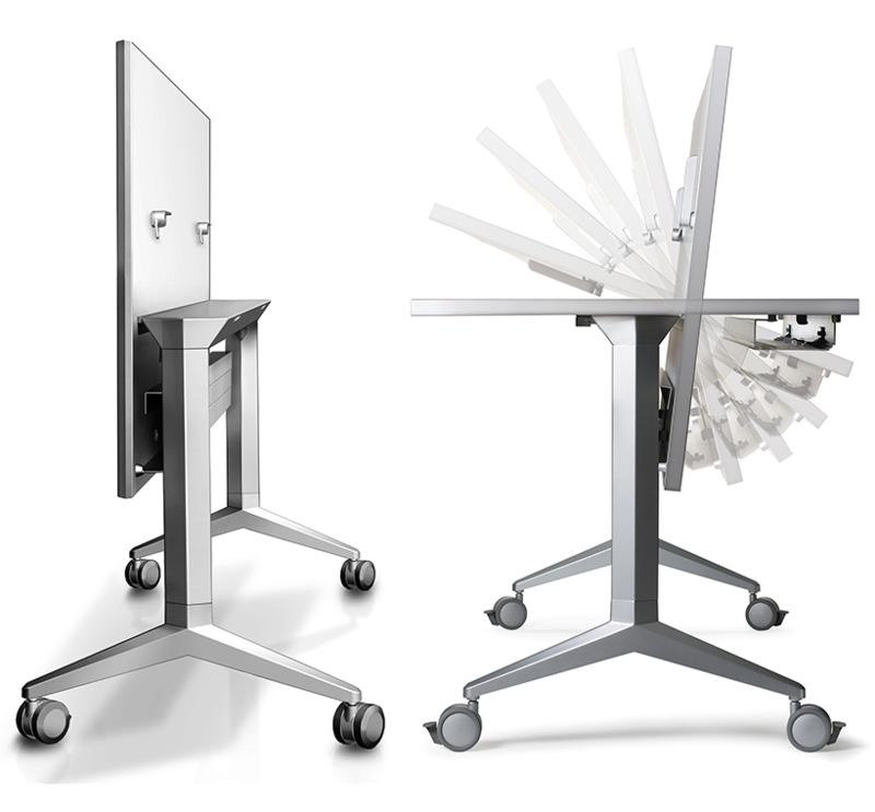 Bretford Manufacturing, Inc.: RHOMBII® Training Table Side views showing the tabletop in its upright position and it in motion