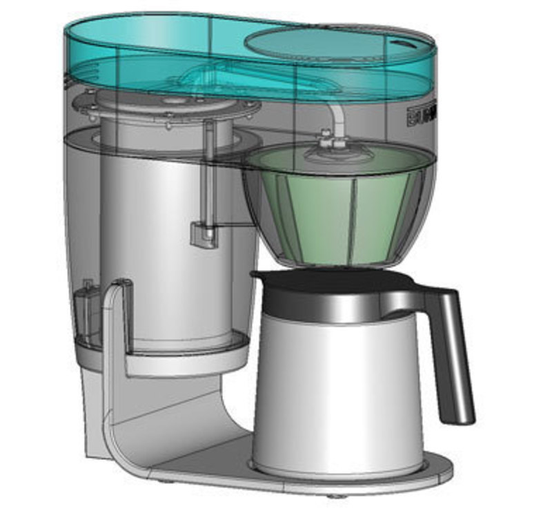 Bunn-O-Matic Corporation: STX Specialty Thermal Home Brewer SolidWorks screenshot showing how the internal components fit inside