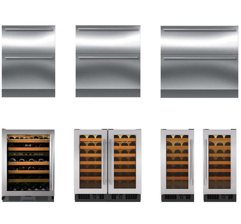 Front view of wine storage and freezer drawer under-counter options